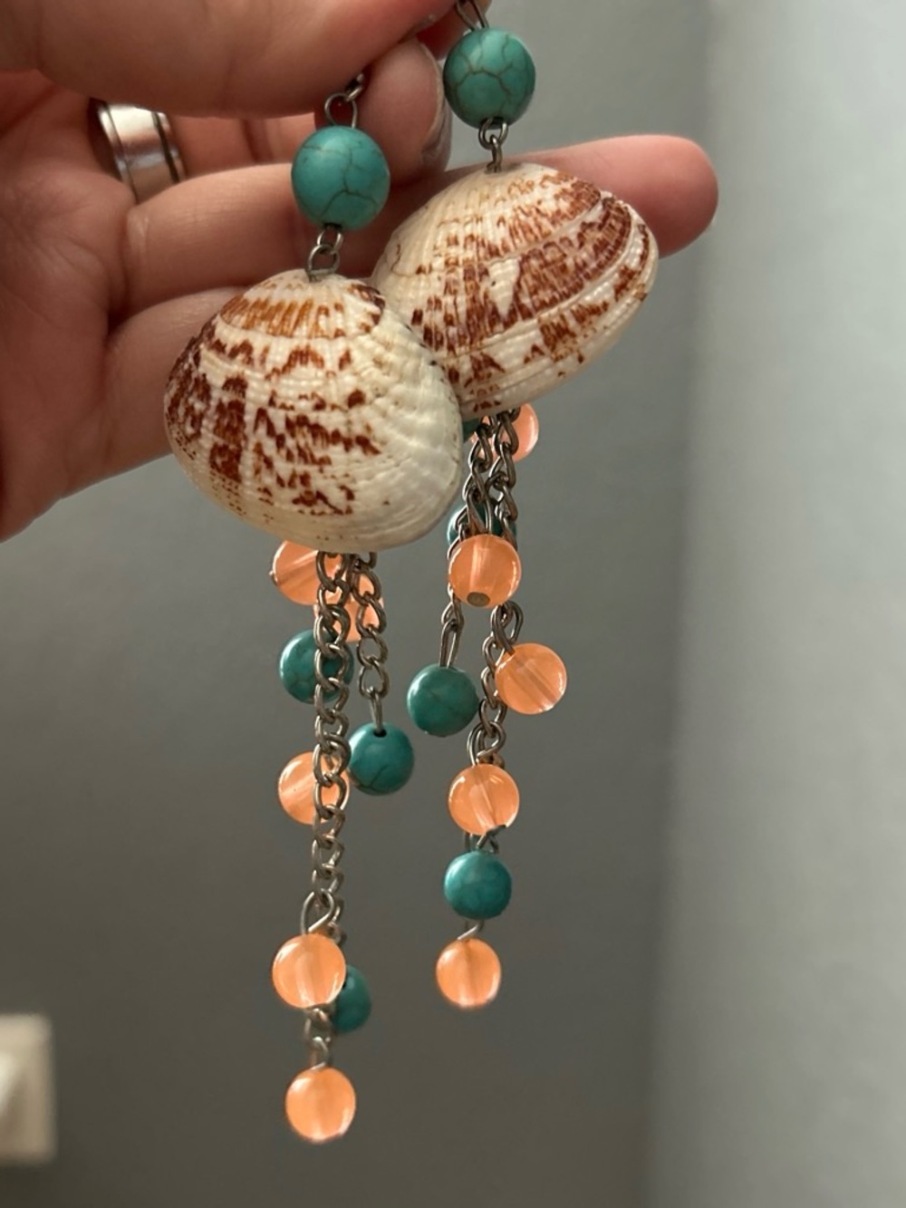 Turquoise & Peach Seashell Drop Earrings — Beach Chic Dangle